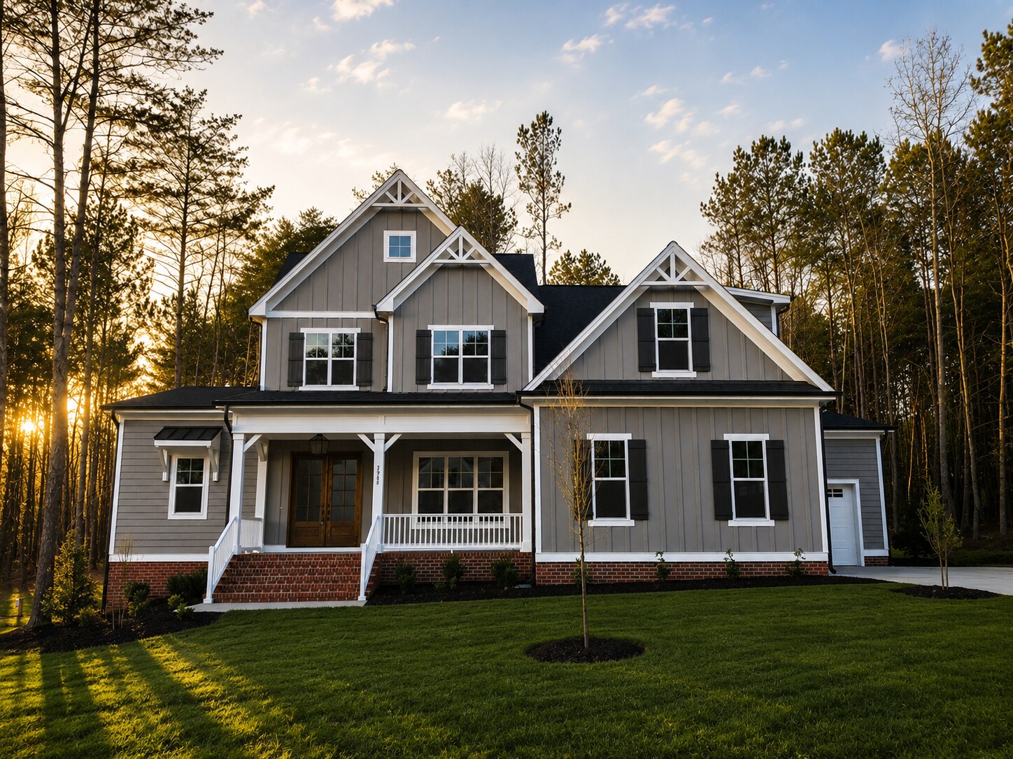 A finished Gemstone craftsman home at golden hour on move-in day