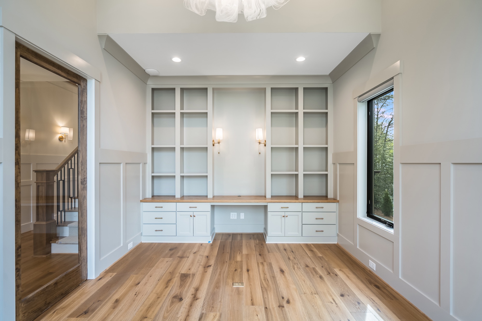 Engineered hardwood flooring in open living space