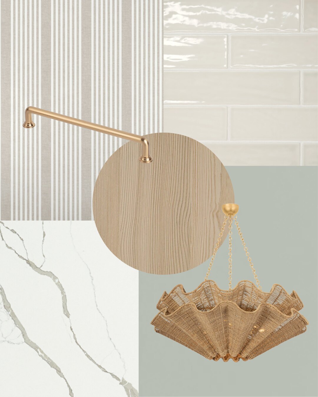 Coastal Modern palette: light oak, brushed brass, vertical stacked tile, soft sage and sand